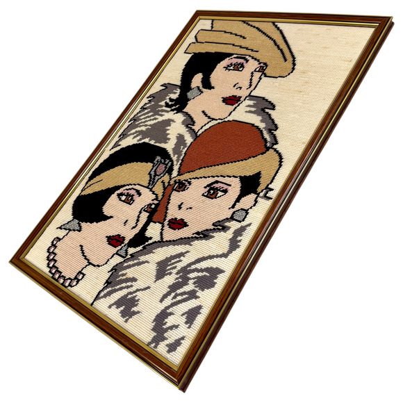 Framed Needlepoint Art Deco Vintage Flapper Lady Glam Embroidery 12" x 19" READ - Picture 5 of 17